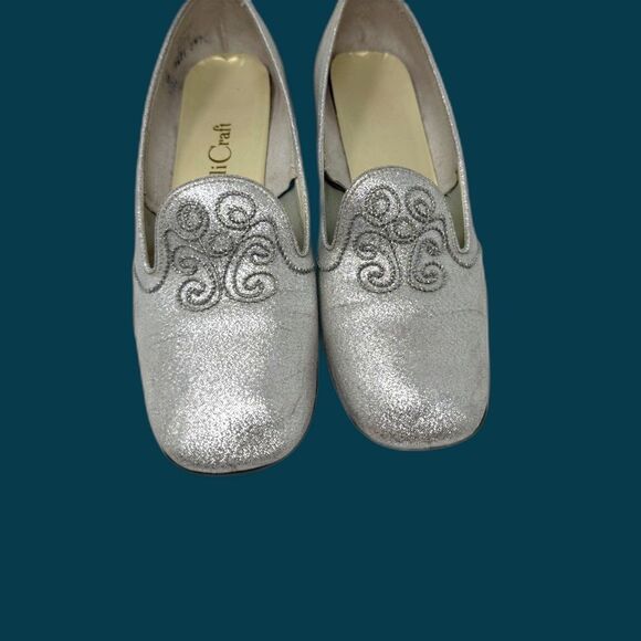 Vintage 60s Qualicraft Silver Lame Metallic Mod Slip On 10B Low Block Heel - Picture 2 of 9